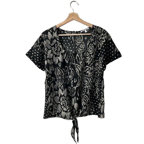 Collective Concepts Blouse Size Small Black Tan Chiffon Sheer Tie Front Boxy Fit - Picture 1 of 5
